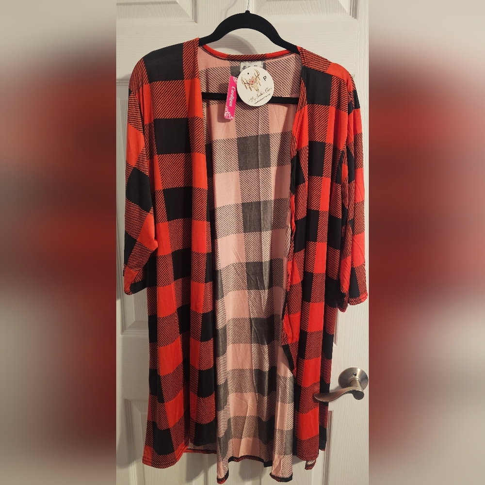 Plaid Open-Front Cardigan - Red and Black